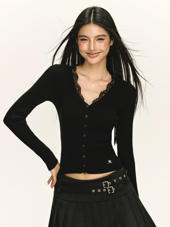 Lace Trimmed Ribbed Knit Cardigan