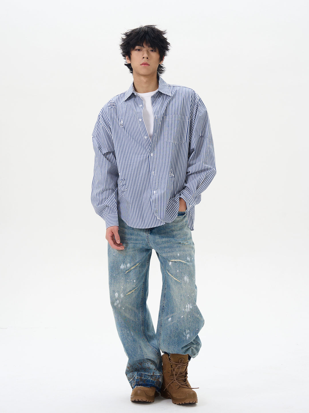 Calças de Denim com Manchas de Tinta de Perna Larga 