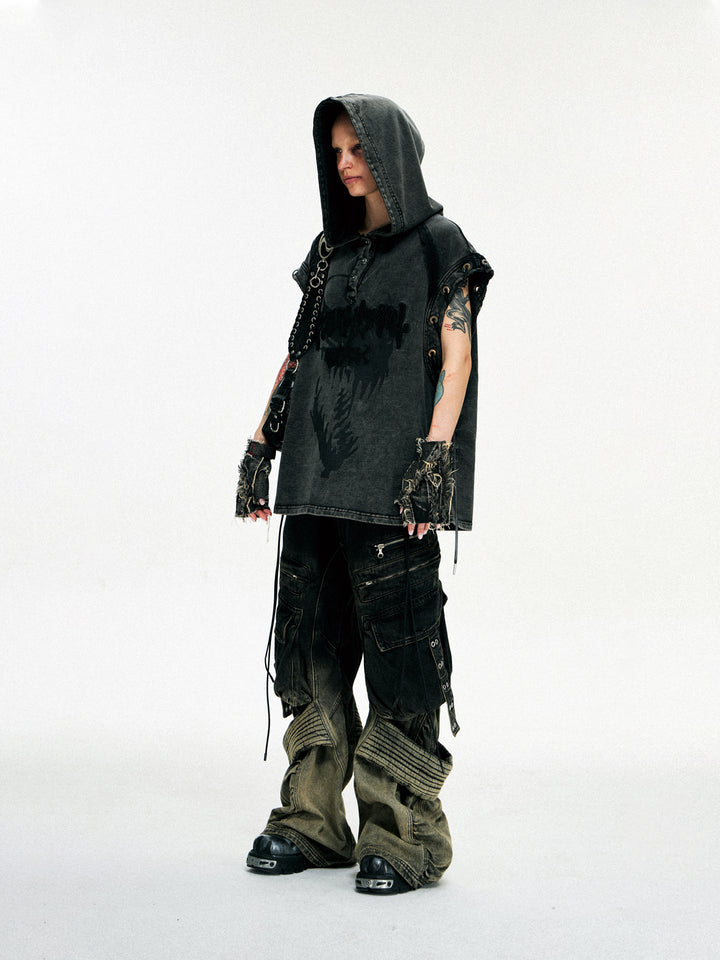 Pentagram Button Hooded Sleeveless Sweatshirt