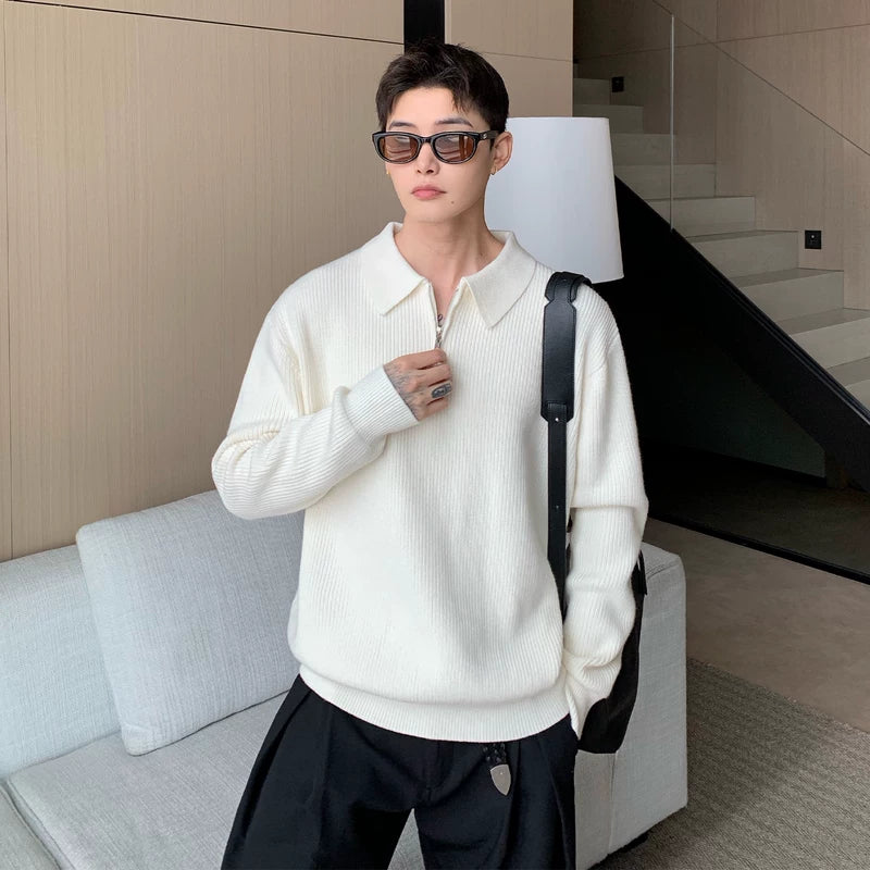 Sweter z dzianiny z kołnierzykiem polo na pół zamek 