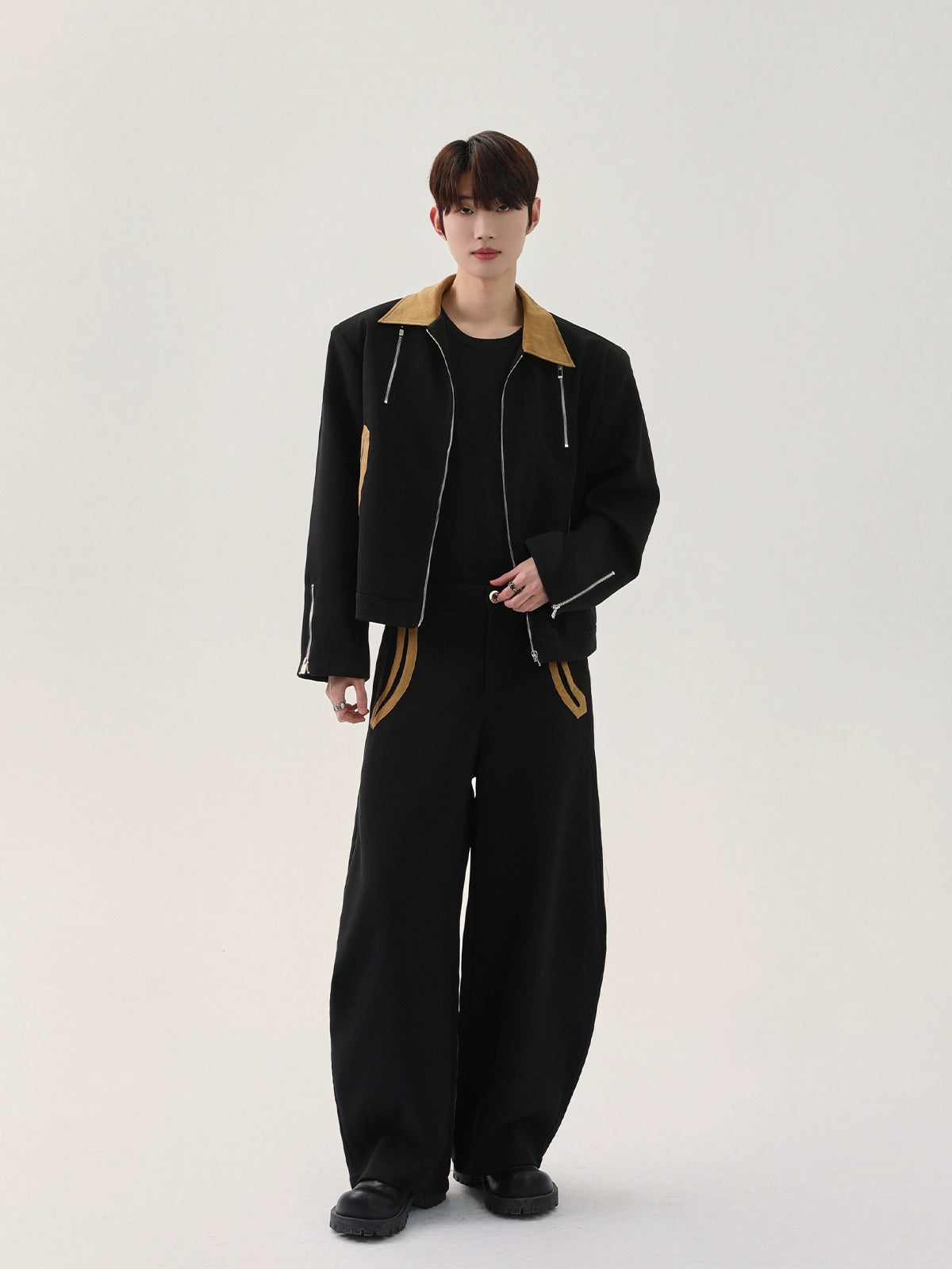 مجموعة بدلة واسعة الساق على الطراز الكوري 