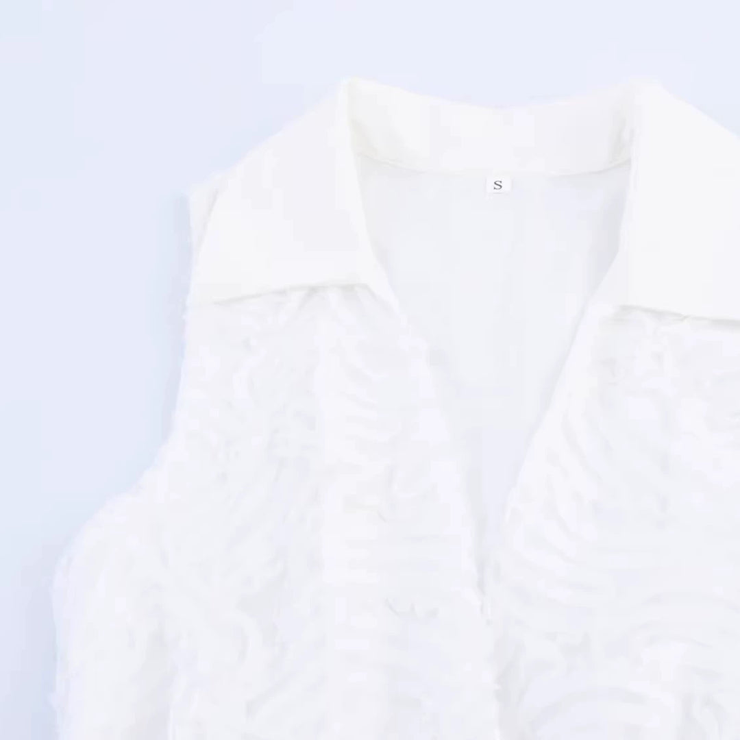 Vestido de Verão Texturizado Sem Mangas com Cinto e Lapela 