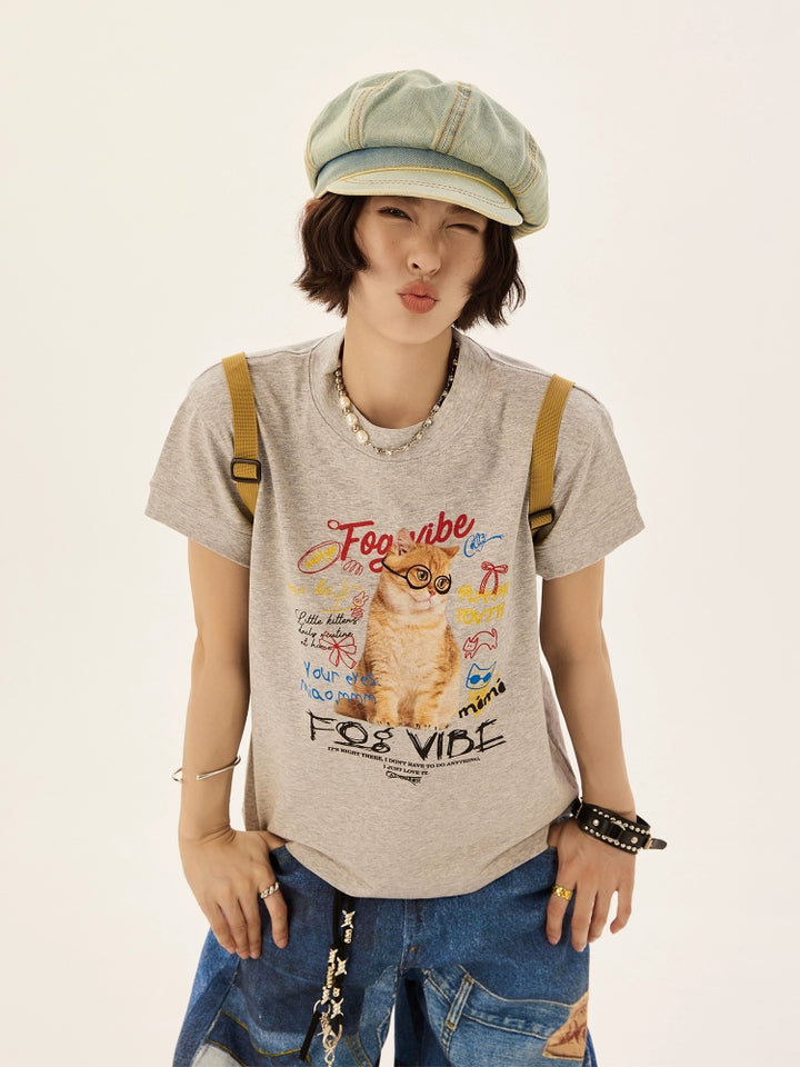 Retro Cat Graphic Boxy Short Sleeve T-shirt