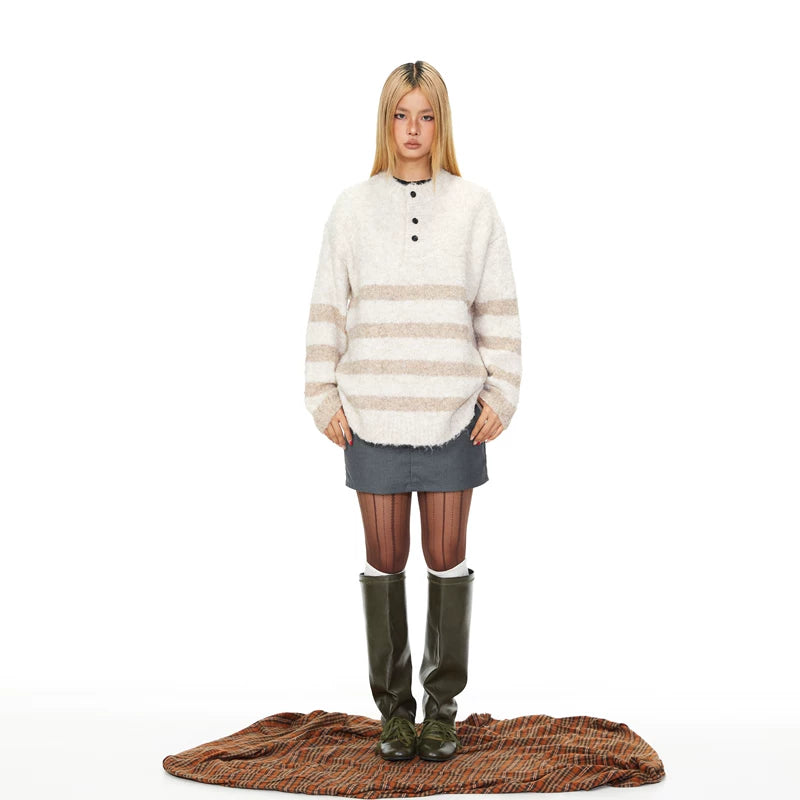 Striped Henley Collar Knit Sweater
