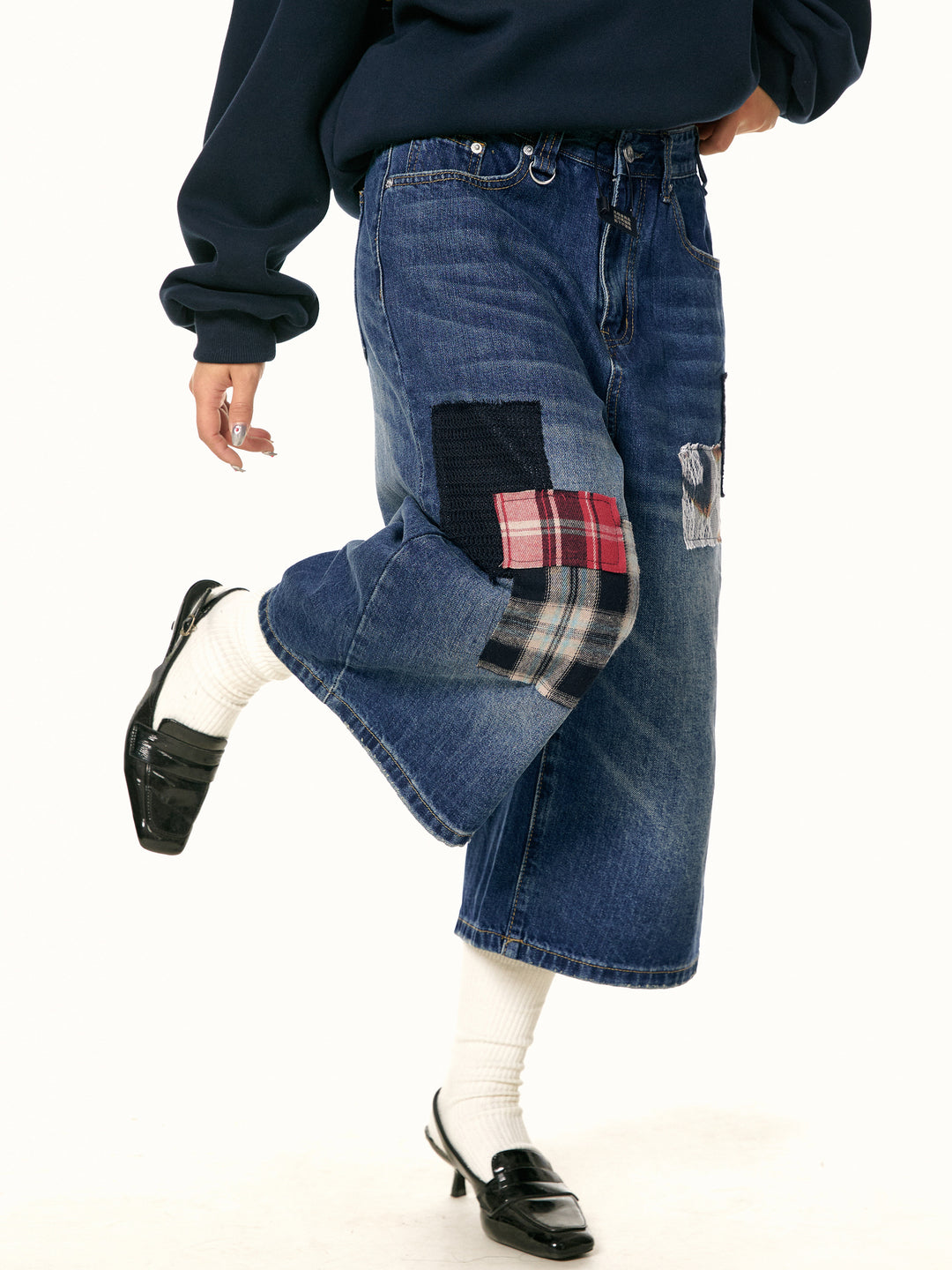 Patchwork Wide-Leg Cropped Jeans
