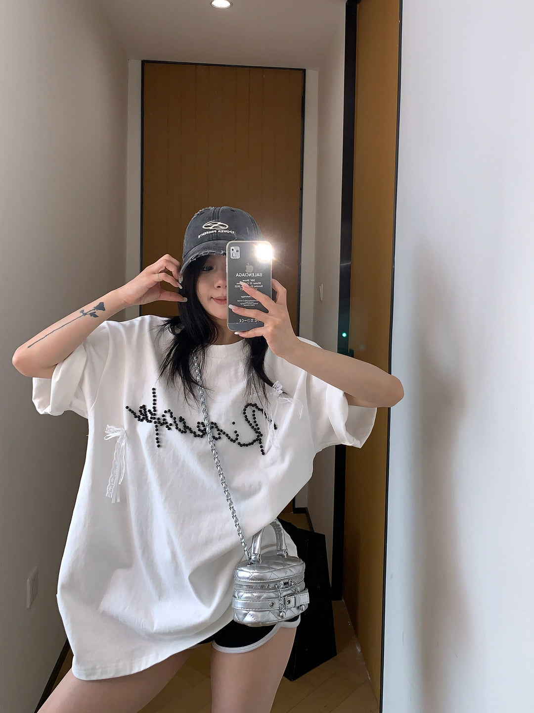 Lace Bow Beaded Short Sleeve T-shirt