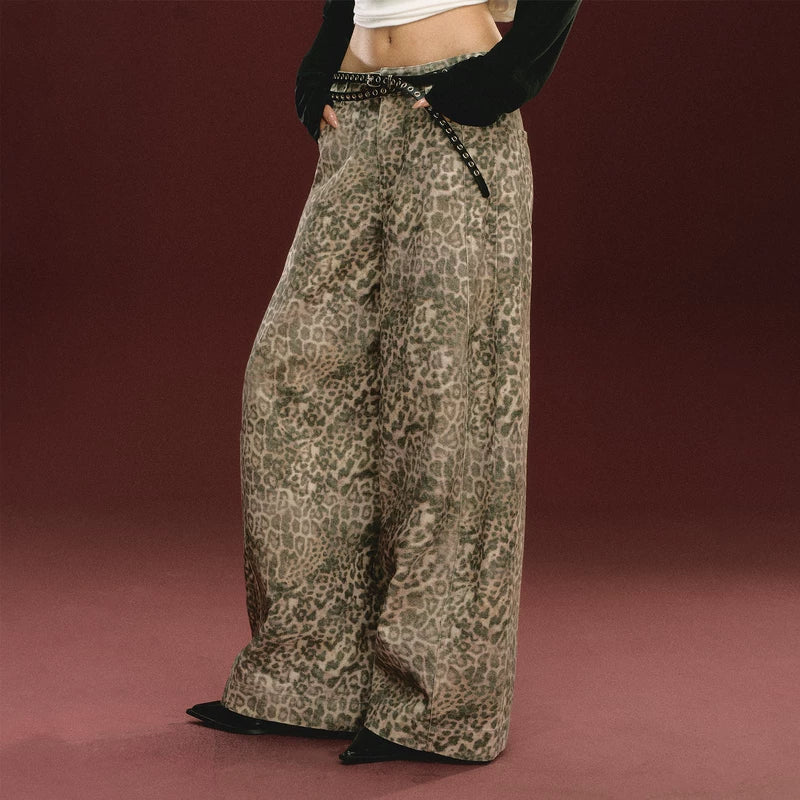 Leopard Wide Leg Casual Pants (No Belt Included）