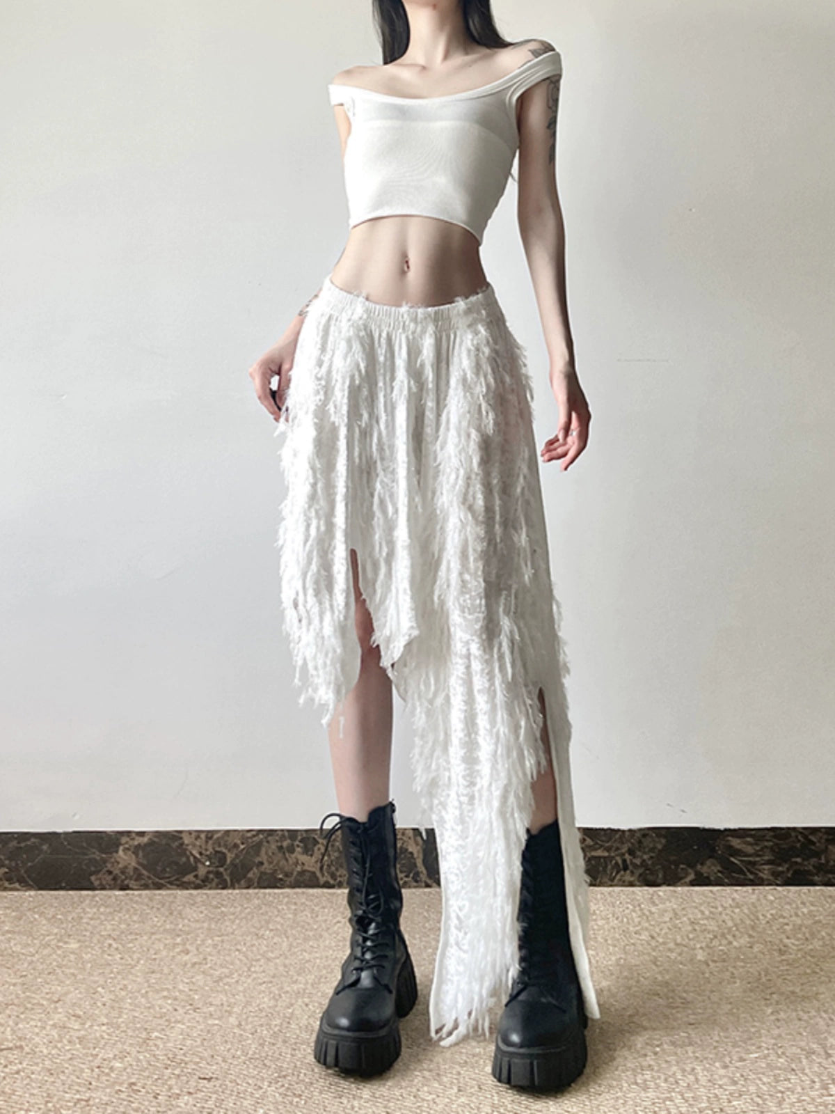Irregular Tassel Skirt with Elastic Waist