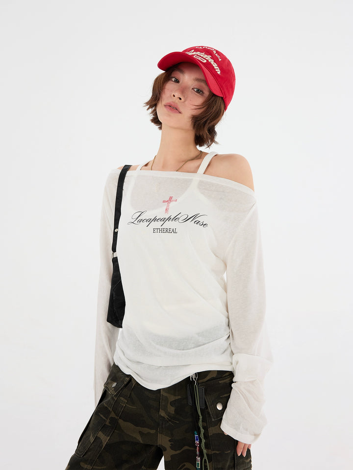 Haut à manches longues décolleté off-shoulder avec imprimé croisé 