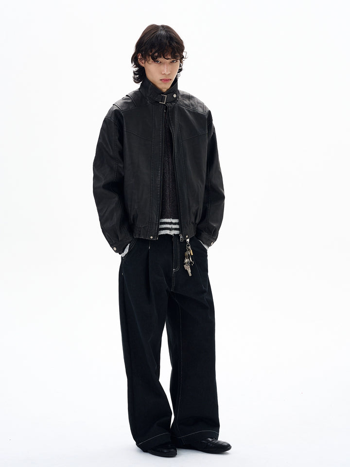 Washed Stand Collar Leather Jacket