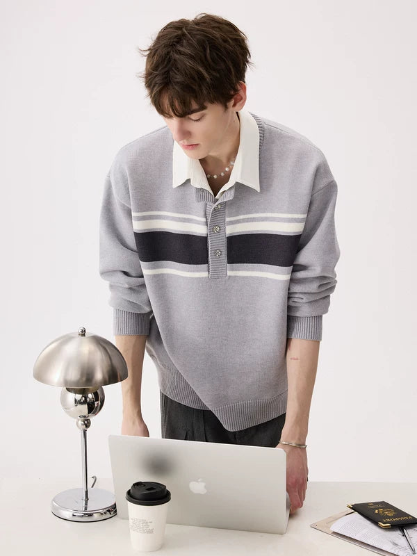 Suéter de punto con cuello polo a rayas 