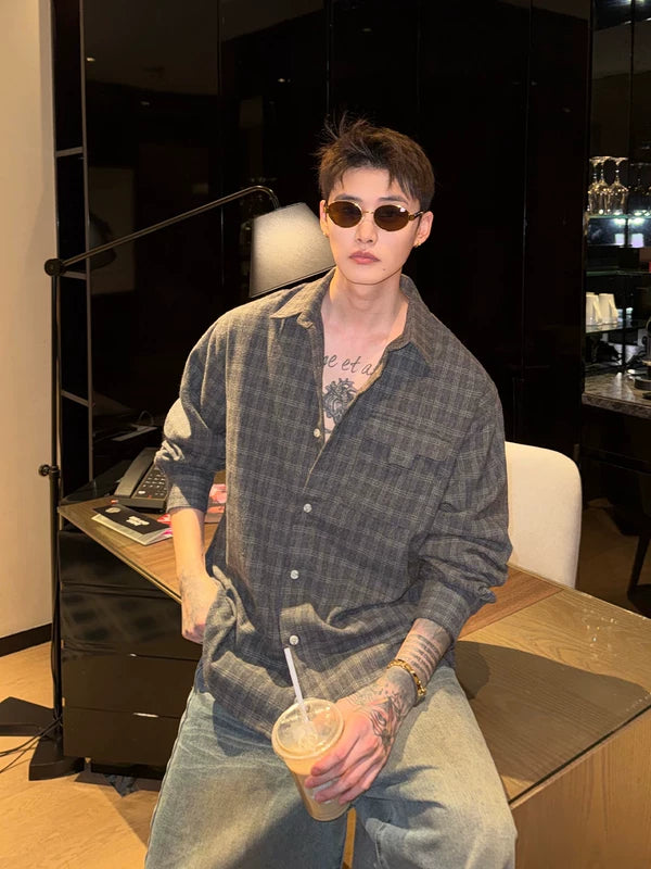 Camisa Casual de Manga Longa com Botão Xadrez 