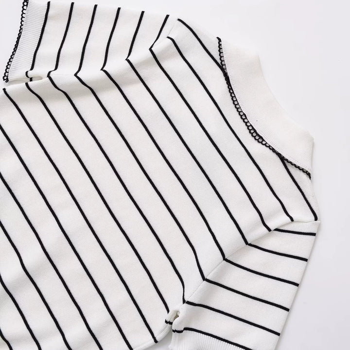 Striped Lapel Short Sleeve Knit Top