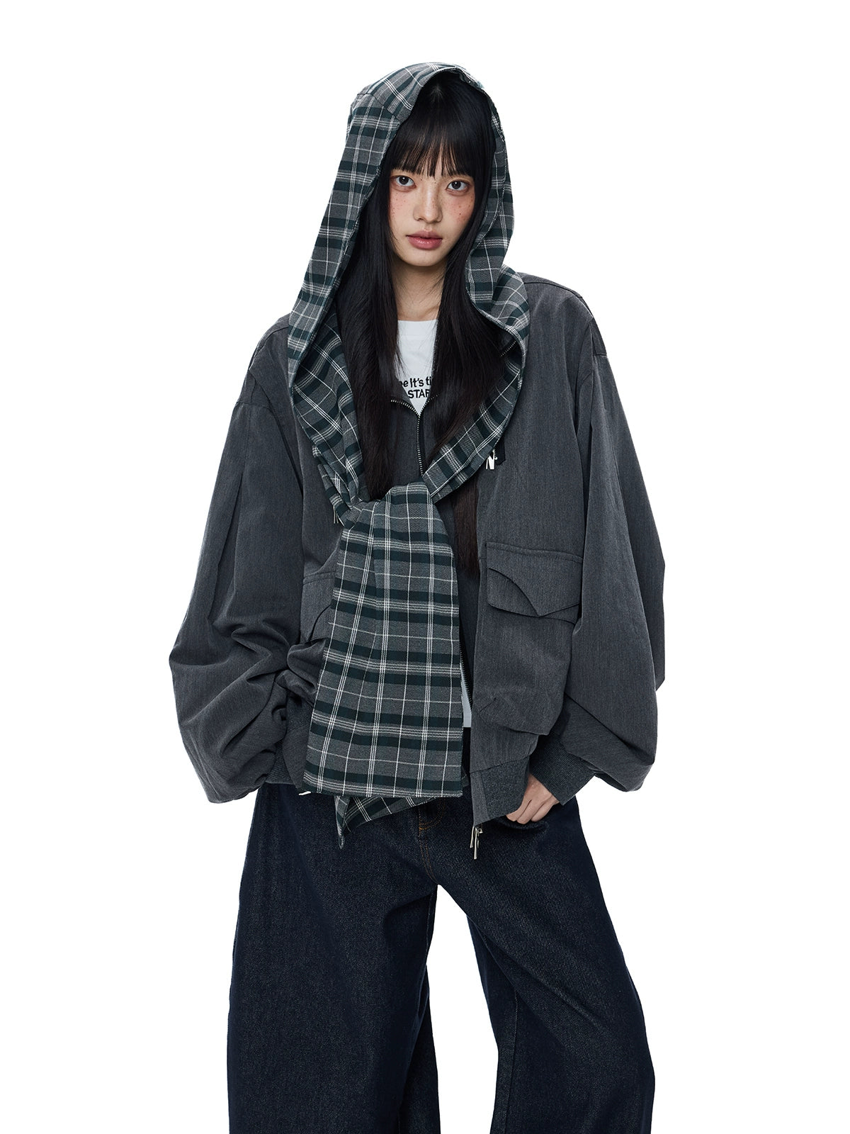 طقم جاكيت بقلنسوة وم pockets من قماش الكاروهات 