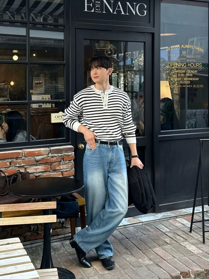 Henley Collar Knit Striped Sweater