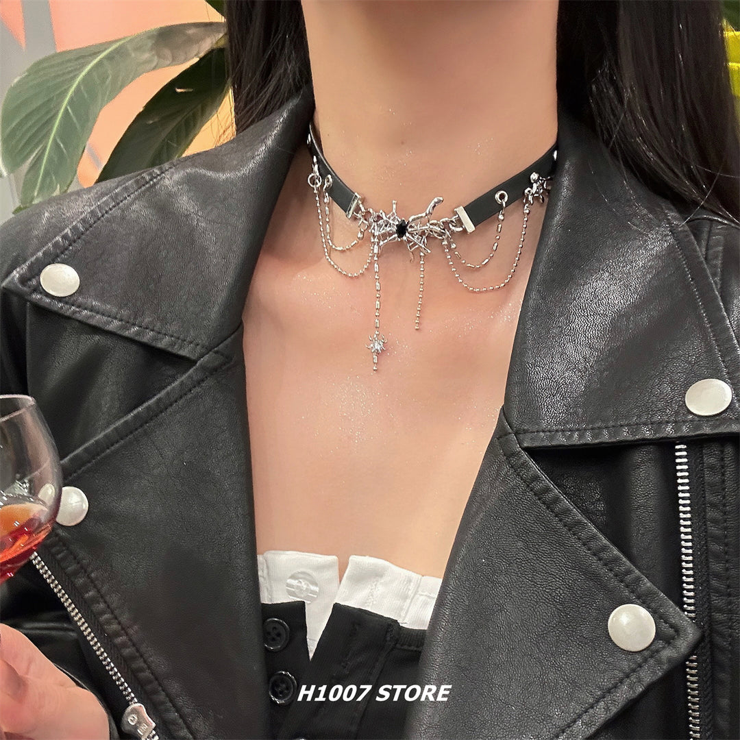 Spider Chain Leather Choker Necklace