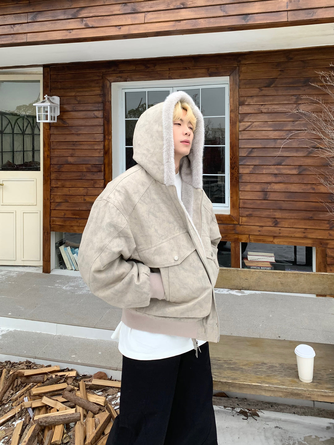 루즈 핏 보온 후드 면 재킷 