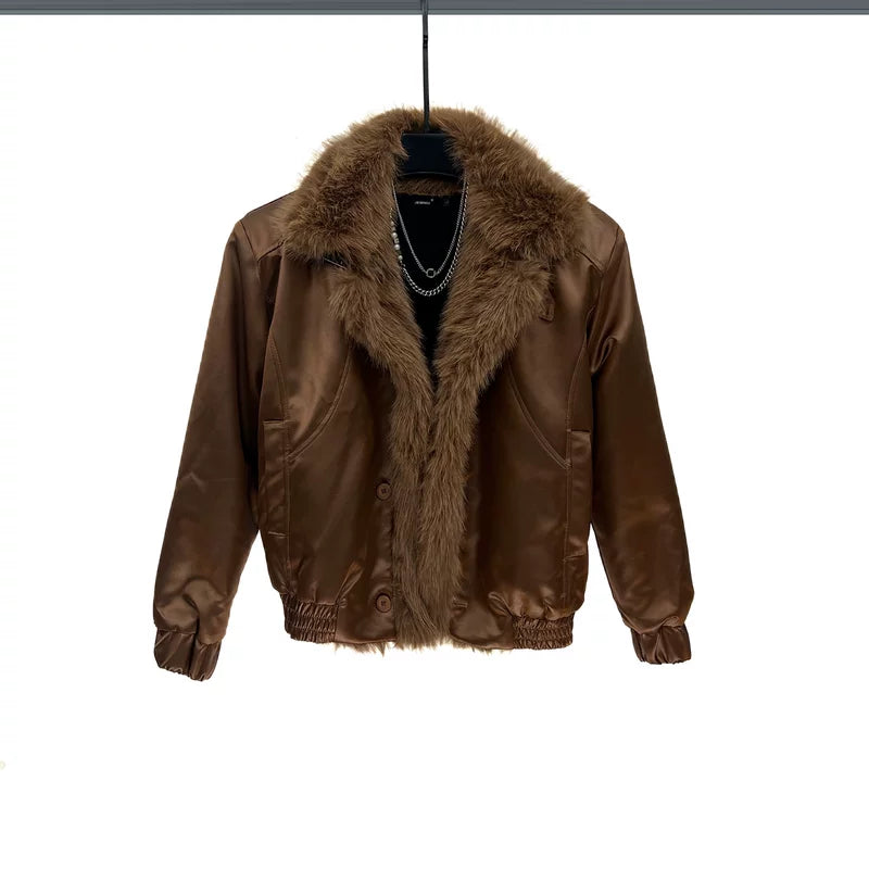 Reversible Faux Fur Lapel Insulated Jacket