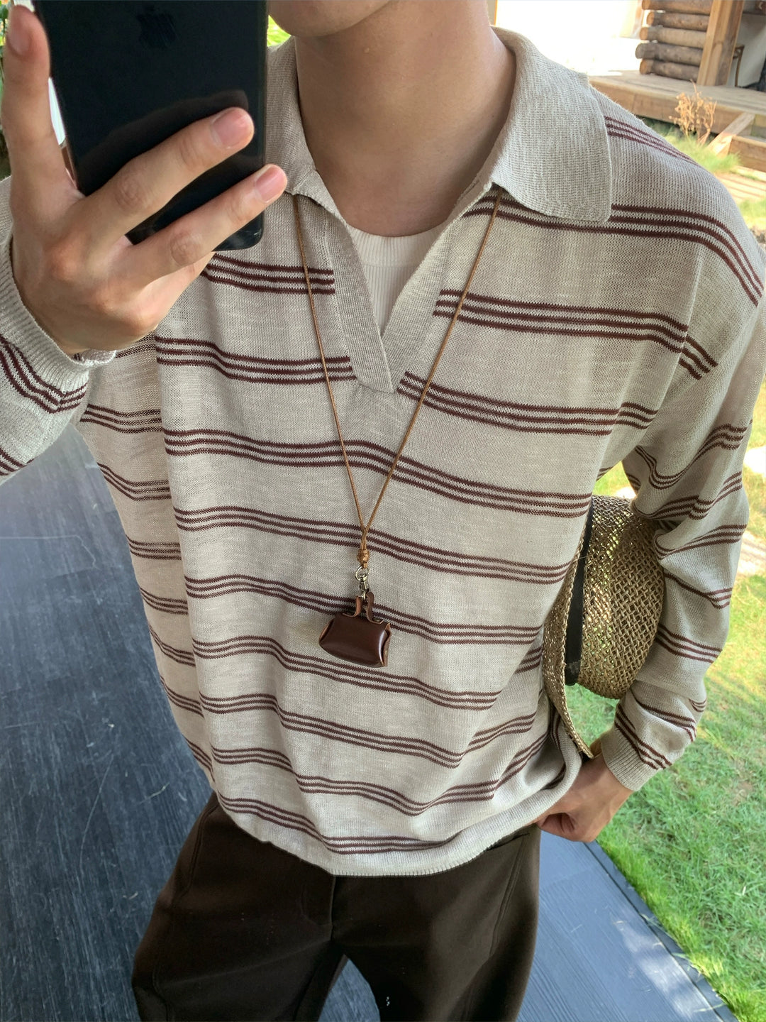 Striped V-Neck Long Sleeve Polo Shirt