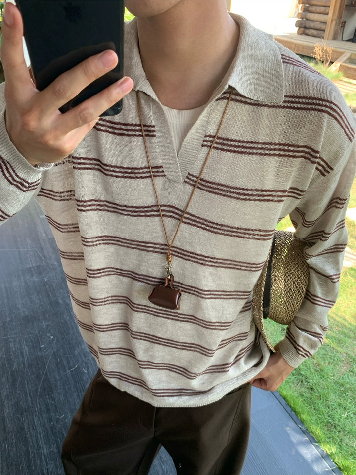 Striped V-Neck Long Sleeve Polo Shirt