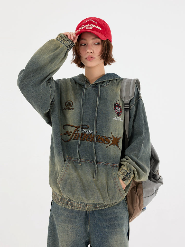 Washed Denim Hooded Sweatshirt