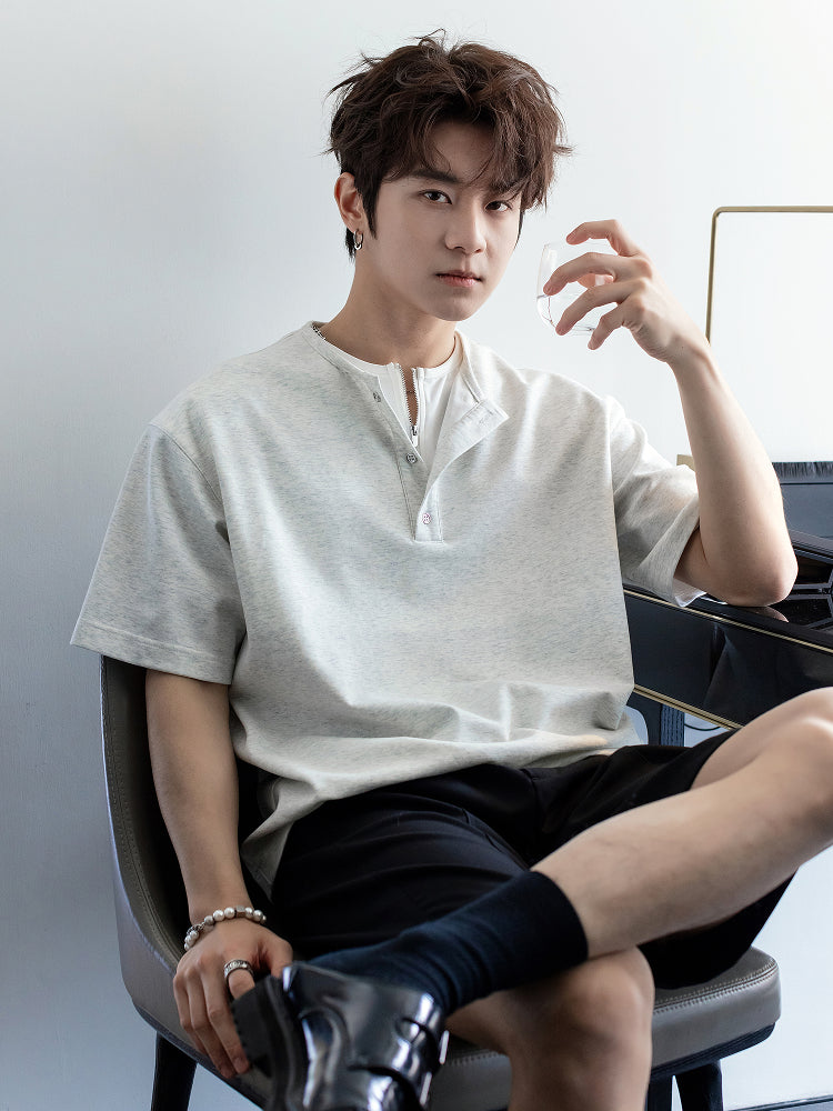 Henry Collar Short-Sleeve Pullover