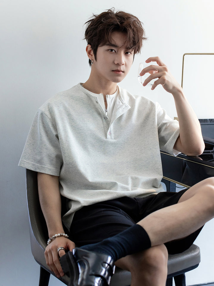Henry Collar Short-Sleeve Pullover