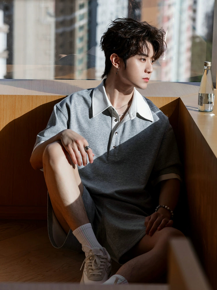 Loose Fit Casual Polo Shirt and Shorts