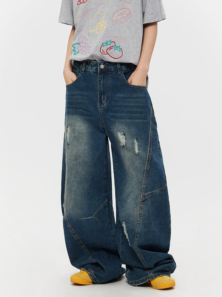 Ripped Loose Fit Washed Straight Jeans