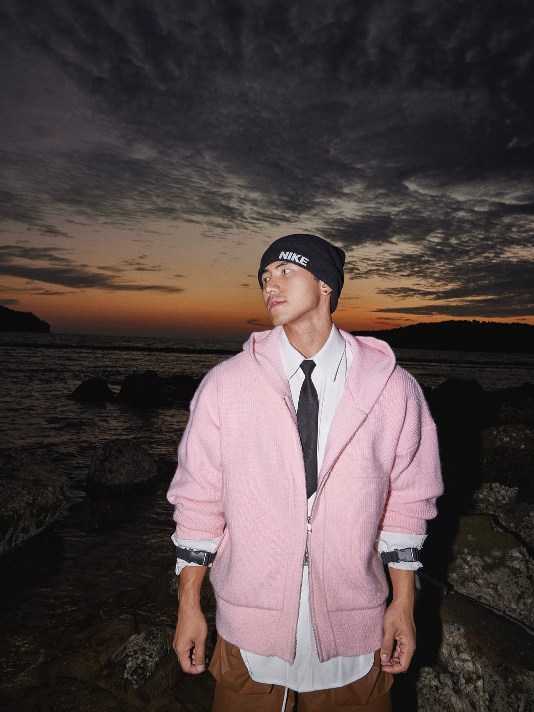 Hooded zip-up stickad cardigantröja 