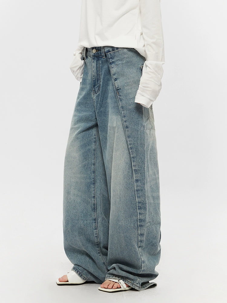 Washed Distressed Wide-Leg Straight Pants