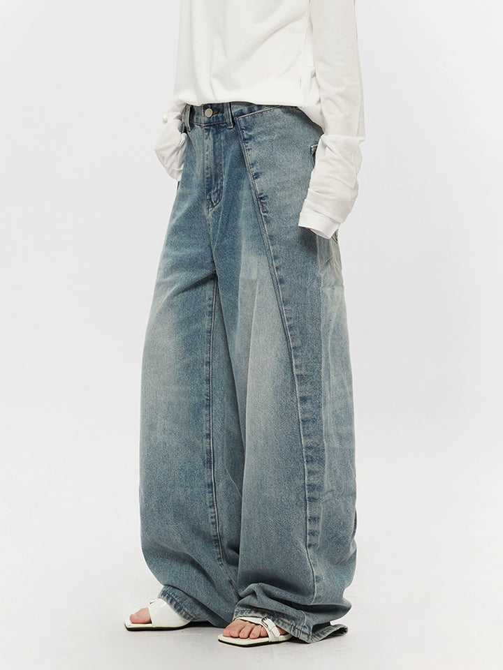 Washed Distressed Wide-Leg Straight Pants