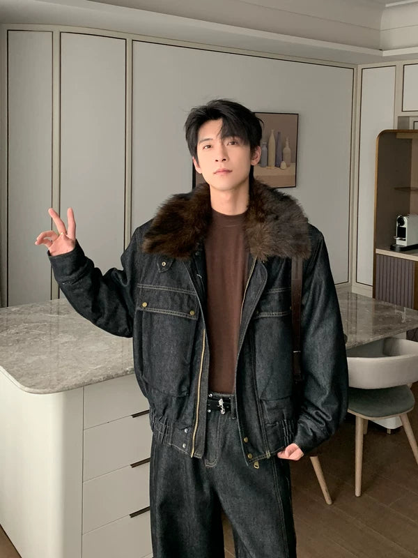 Chaqueta de mezclilla cálida con cuello de piel de invierno 