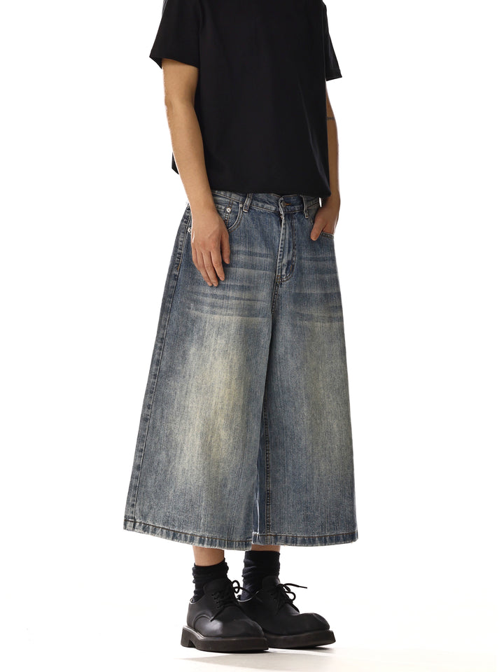 Pantalones de mezclilla casuales recortados de pierna ancha 