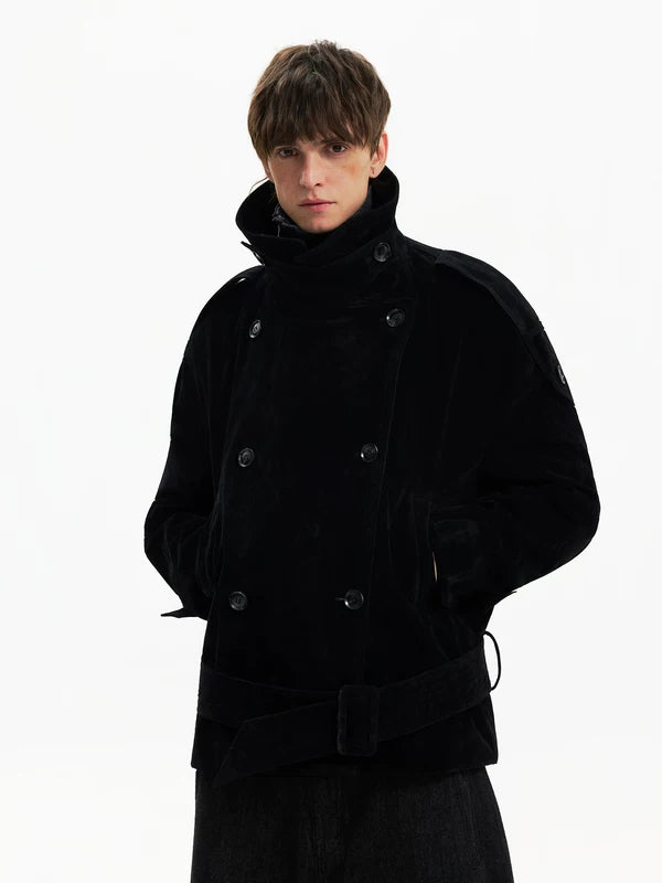 معطف ترنش قصير مزدوج الصدر من جلد السويد 