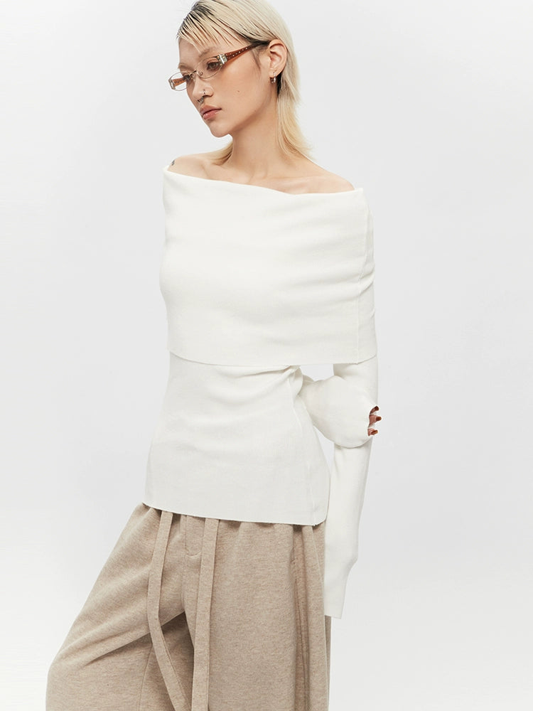 オフショルダー スリムフィット ニットセーター 