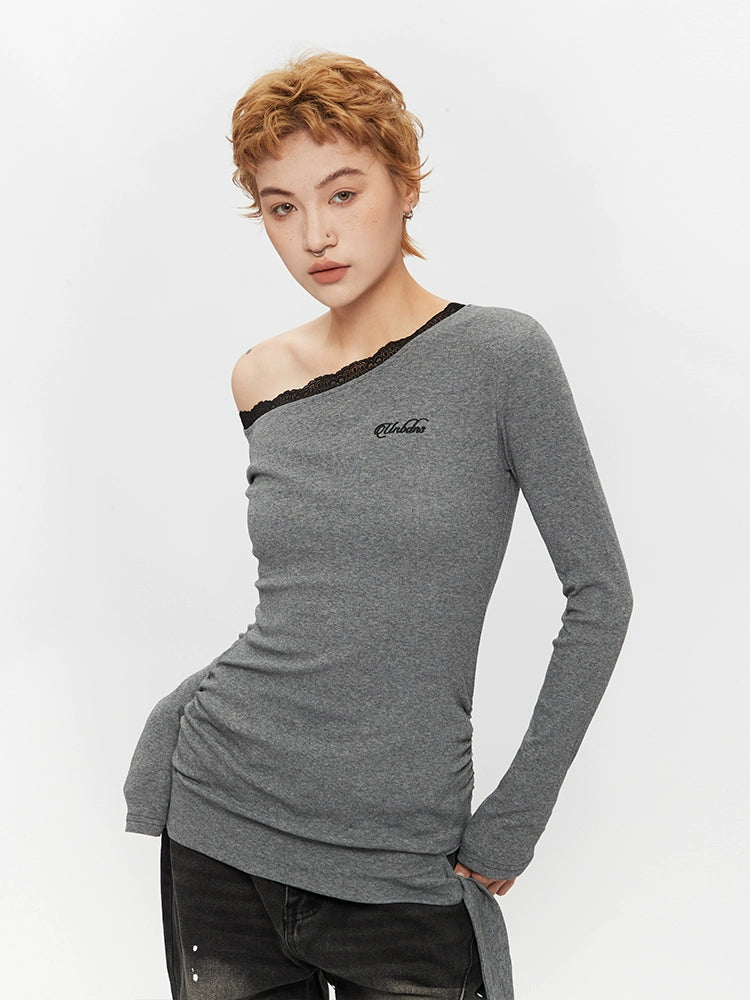 アシンメトリックオフショルダー レース 長袖トップ 