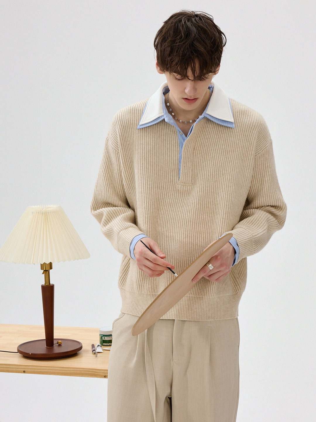 Knit Collar Sweater Layered Shirt