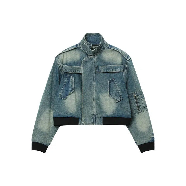 Distressed Stand Collar Denim Jacket Pants Set