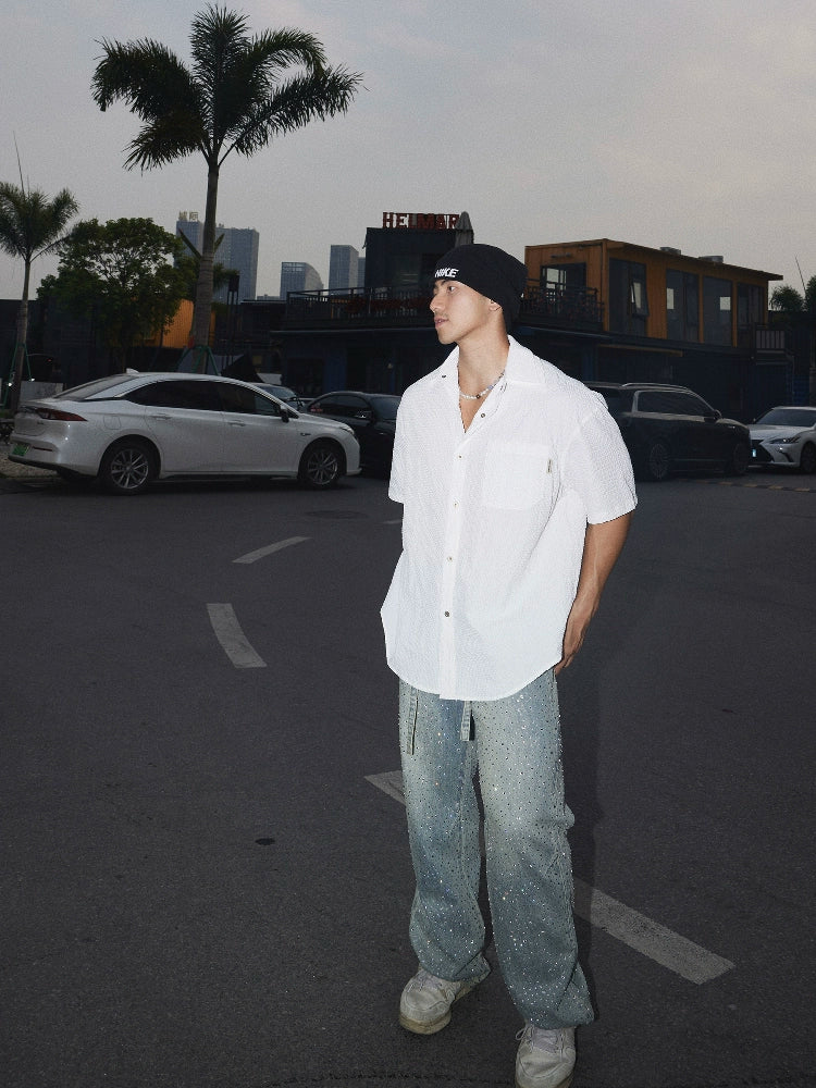 Textured Short Sleeve Lapel Button-Up Shirt