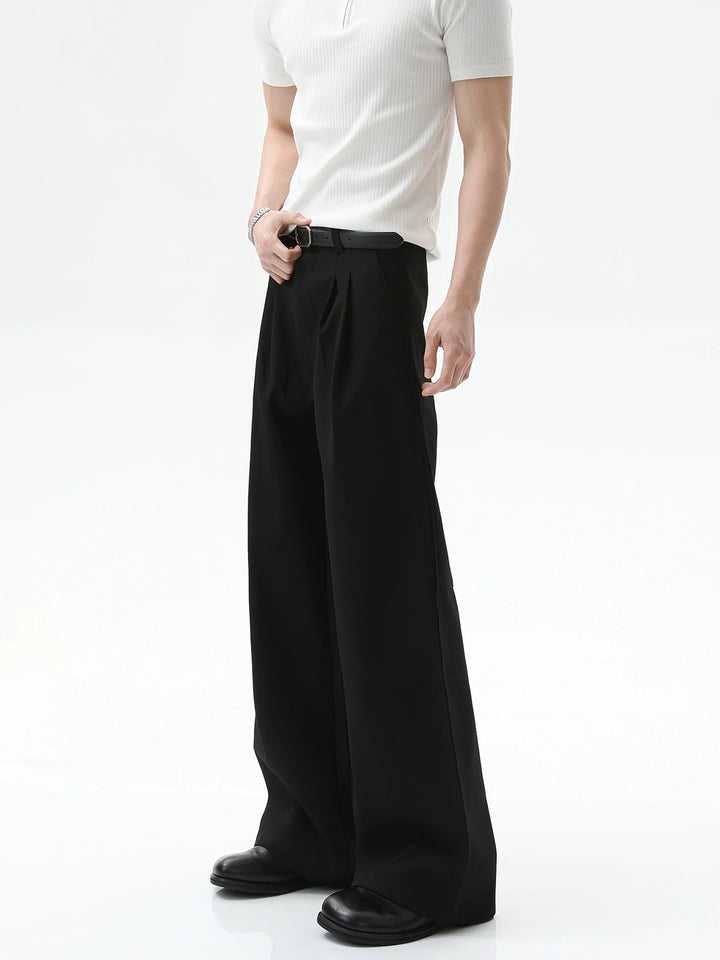 Wide-Leg Split Hem Pleated Pants
