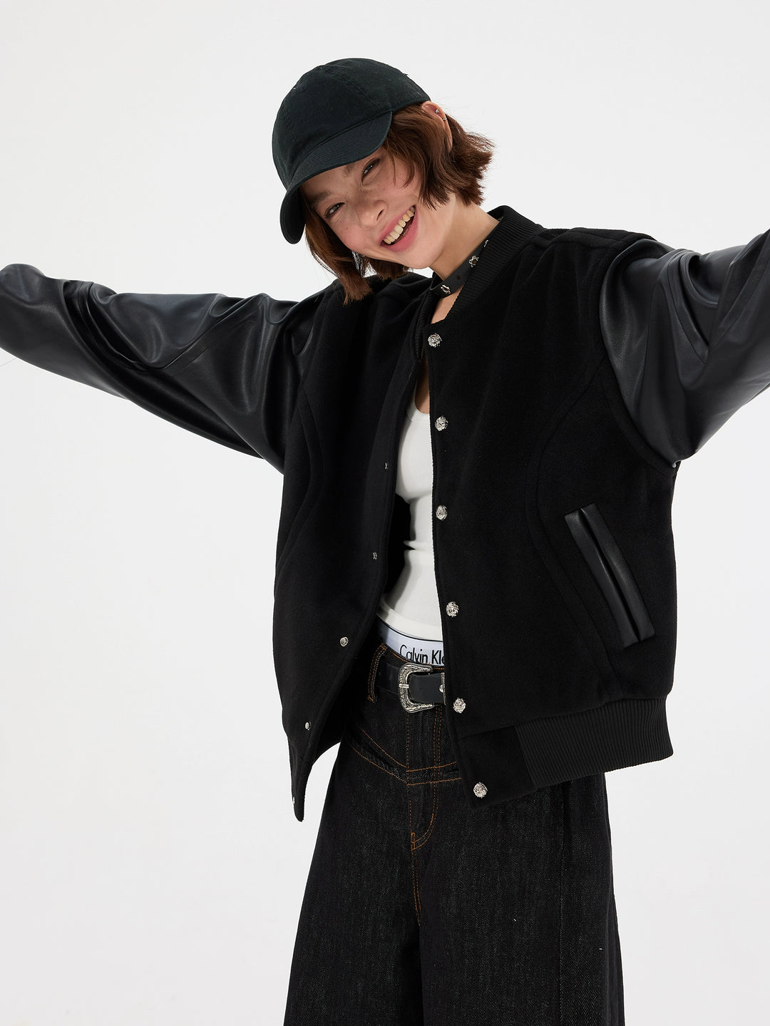 PU Leather Sleeve Baseball Jacket