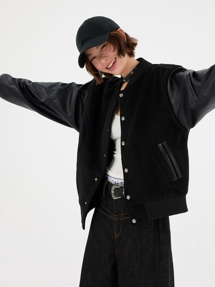 PU Leather Sleeve Baseball Jacket