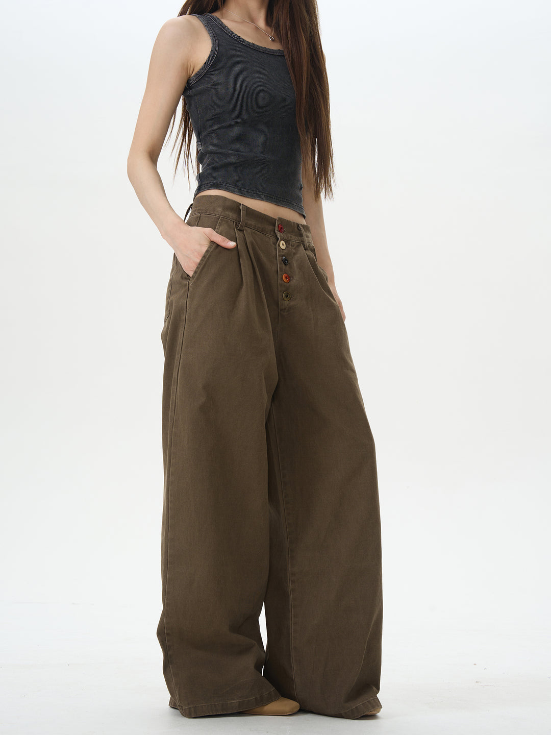 Buttoned Wide-Leg Street Pants