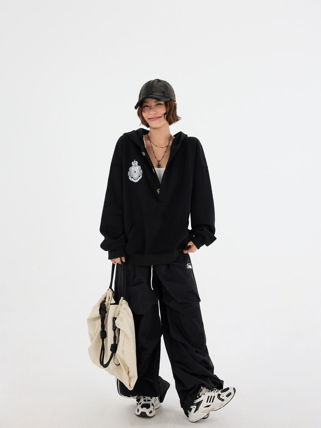 Embroidered Button Half-Zip Hoodie