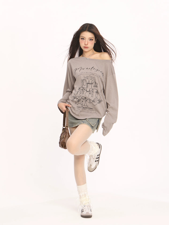 Γκράφιτι Off-Shoulder Μακρυμάνικο Τσιμπούρι 