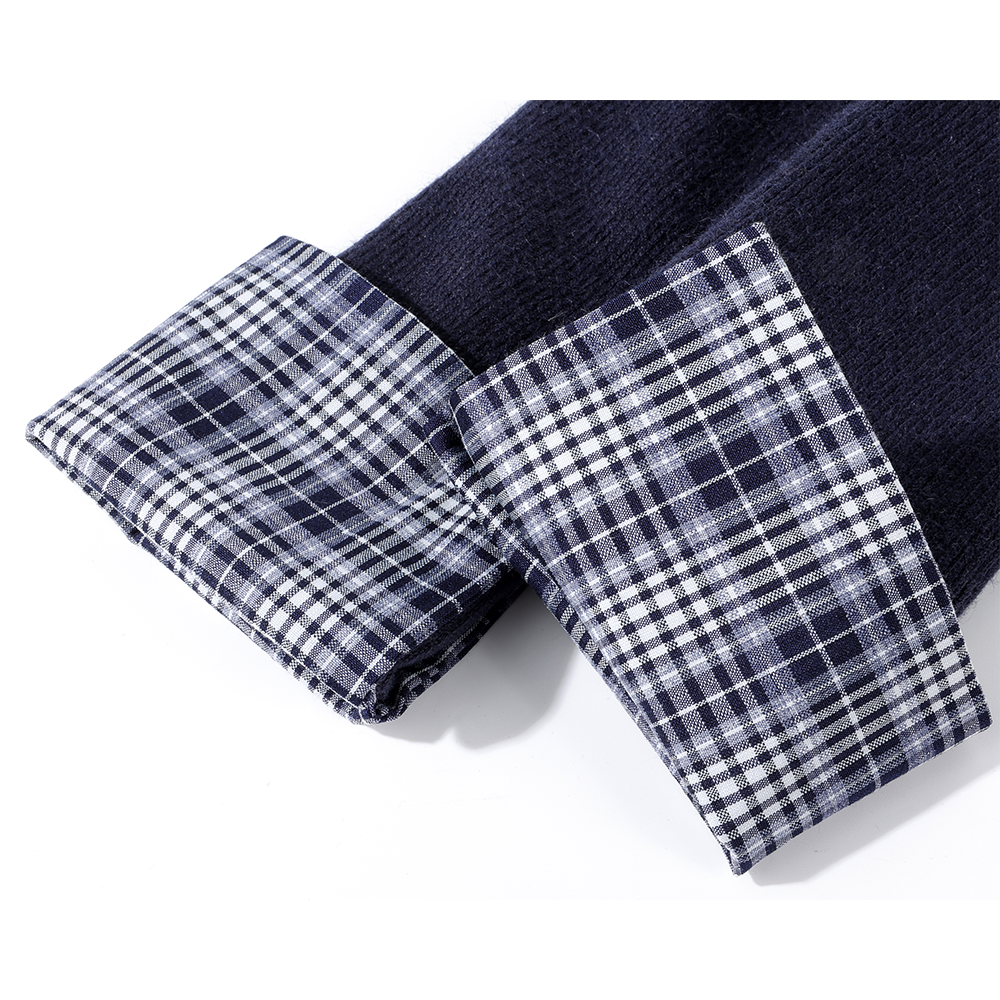 Plaid Cuff Knit Round Neck Cardigan