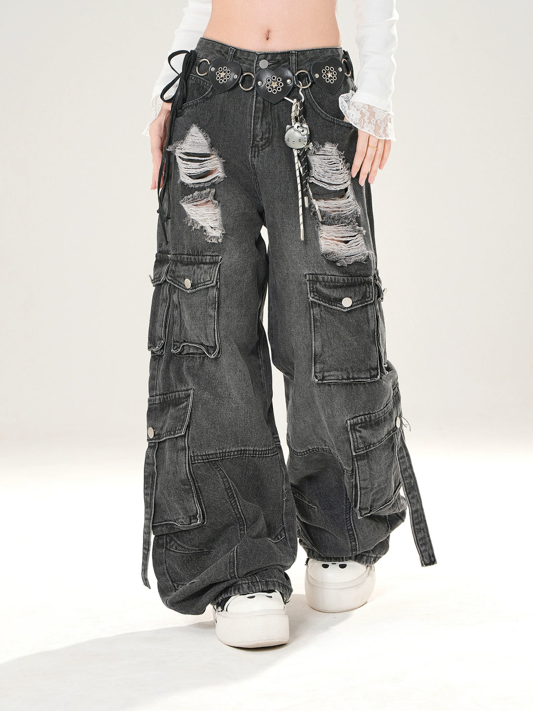 Wide Leg Ripped Cargo Denim Pants