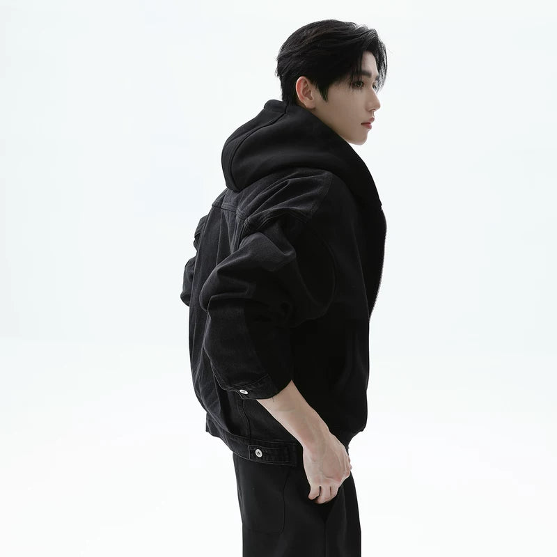 3D Denim Patchwork Hooded Down Jacket