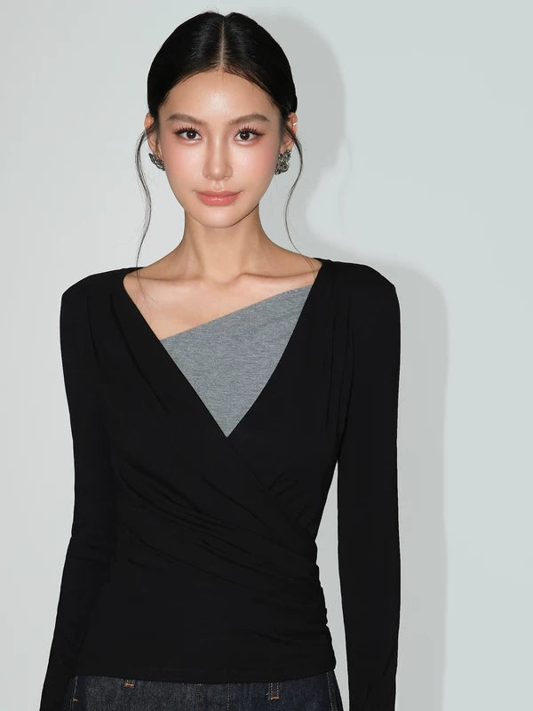 Top de punto de dos piezas falso con cuello cruzado 